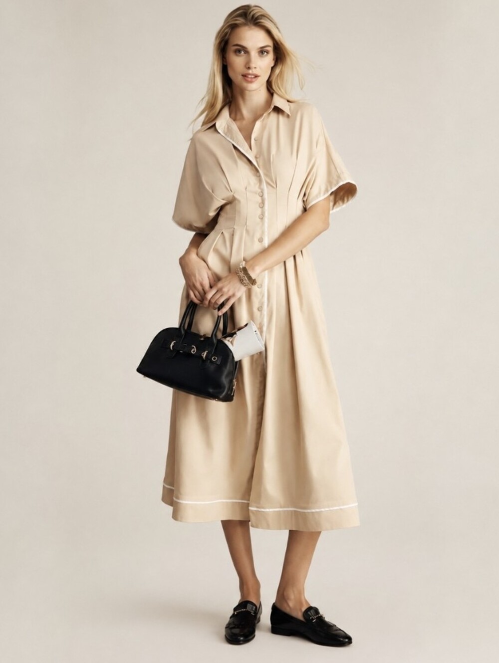 Anthropologie Exquise Janie Midi Dress Beige Button Front Pleated Sz S $198 NWT